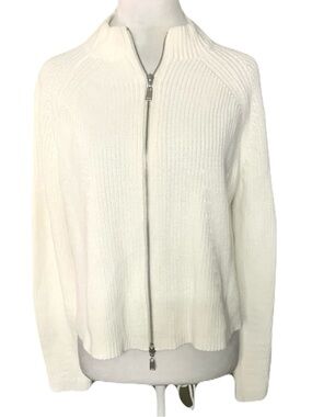 100% Cotton Kinross White Ivory Full-Zip Ribbed Knit Cardigan Two Way Zip